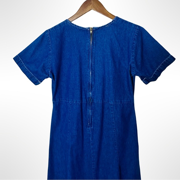 Vintage Blue Embroidered Denim Midi Dress Folk Cottage Medium - Picture 10 of 15